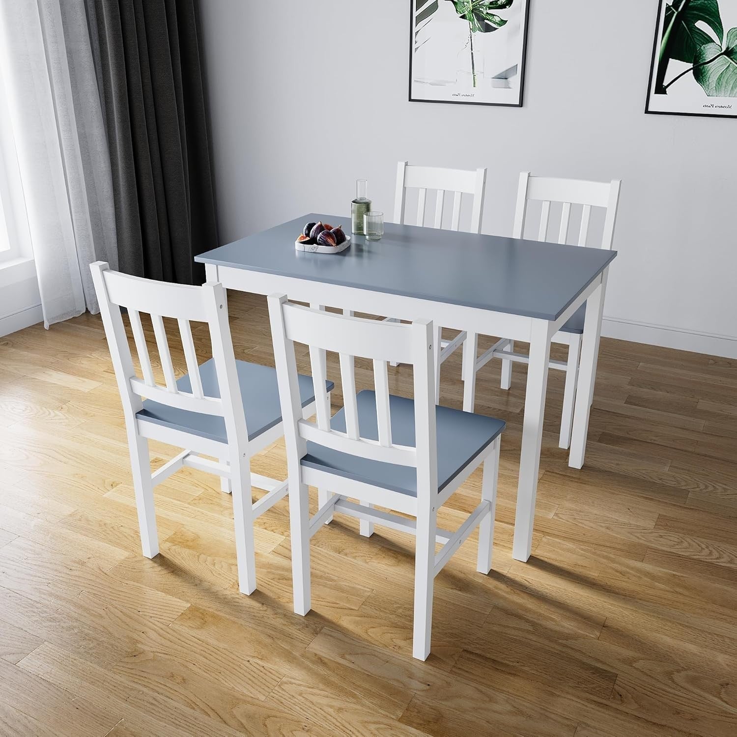Solid Wooden Dining Table & 4 Chairs Set - Grey, Compact Kitchen Dining