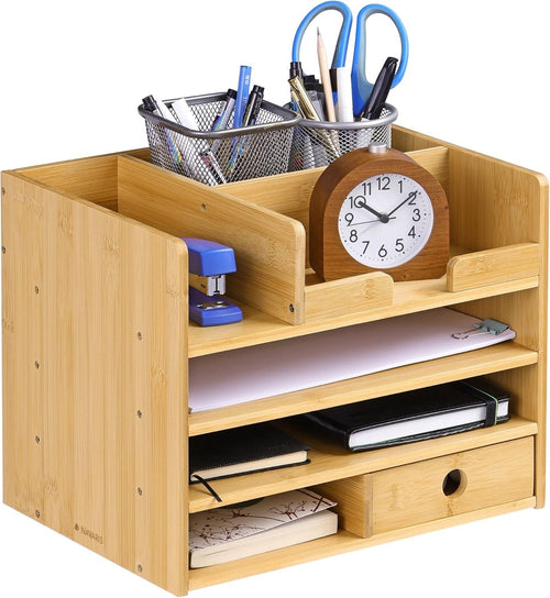 Bamboo Desk Organiser with Drawers & Compartments for Office & Stationery