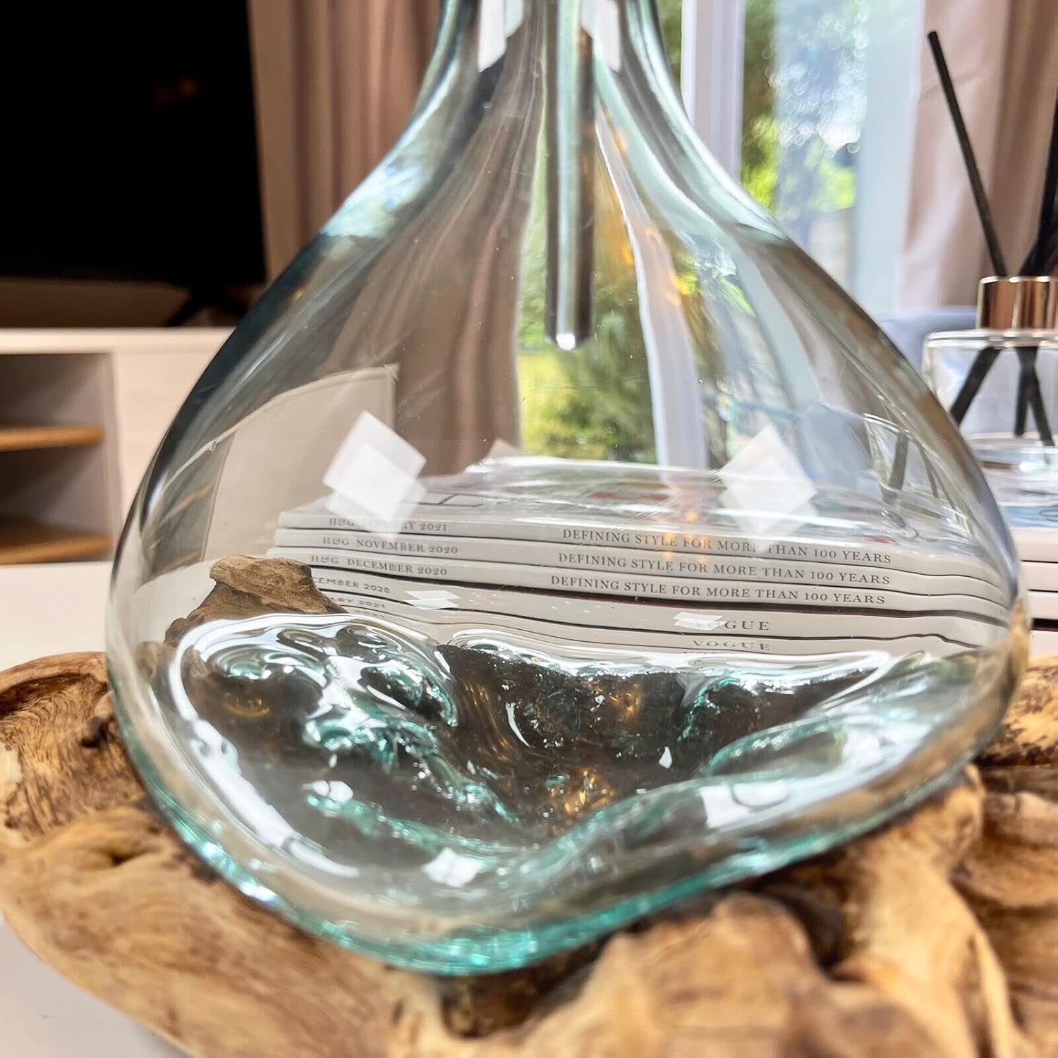 Handmade Molten Glass Whisky Decanter With Teak Root Stand Art Gift