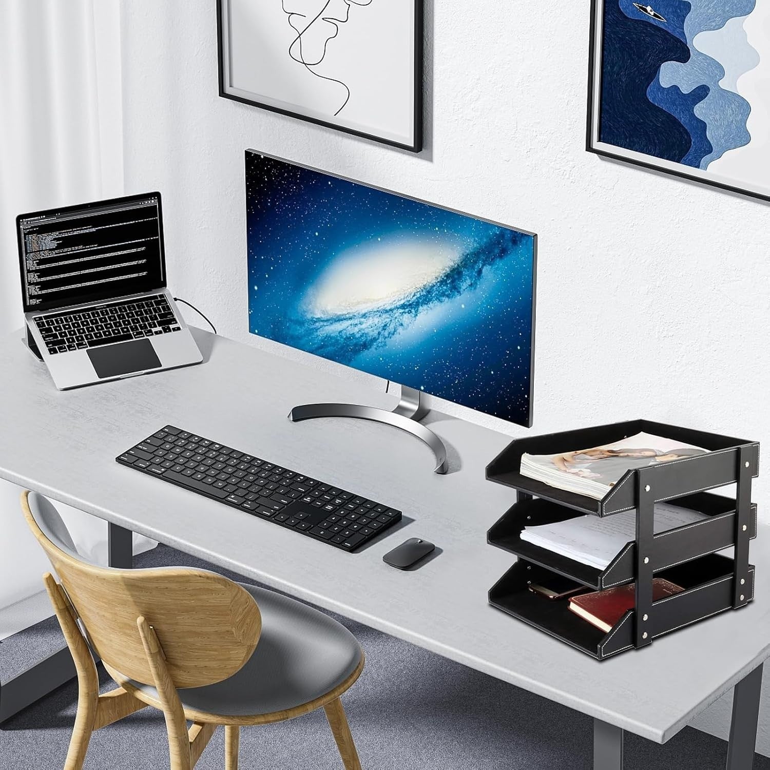 Stackable Leather Desk Organizer 3-Tier Letter Tray Office Storage Black