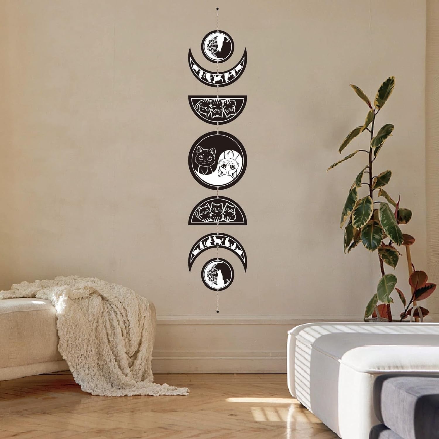 Moon Phase Wall Decor Wooden Boho 7-Piece Cat Yin Yang Art