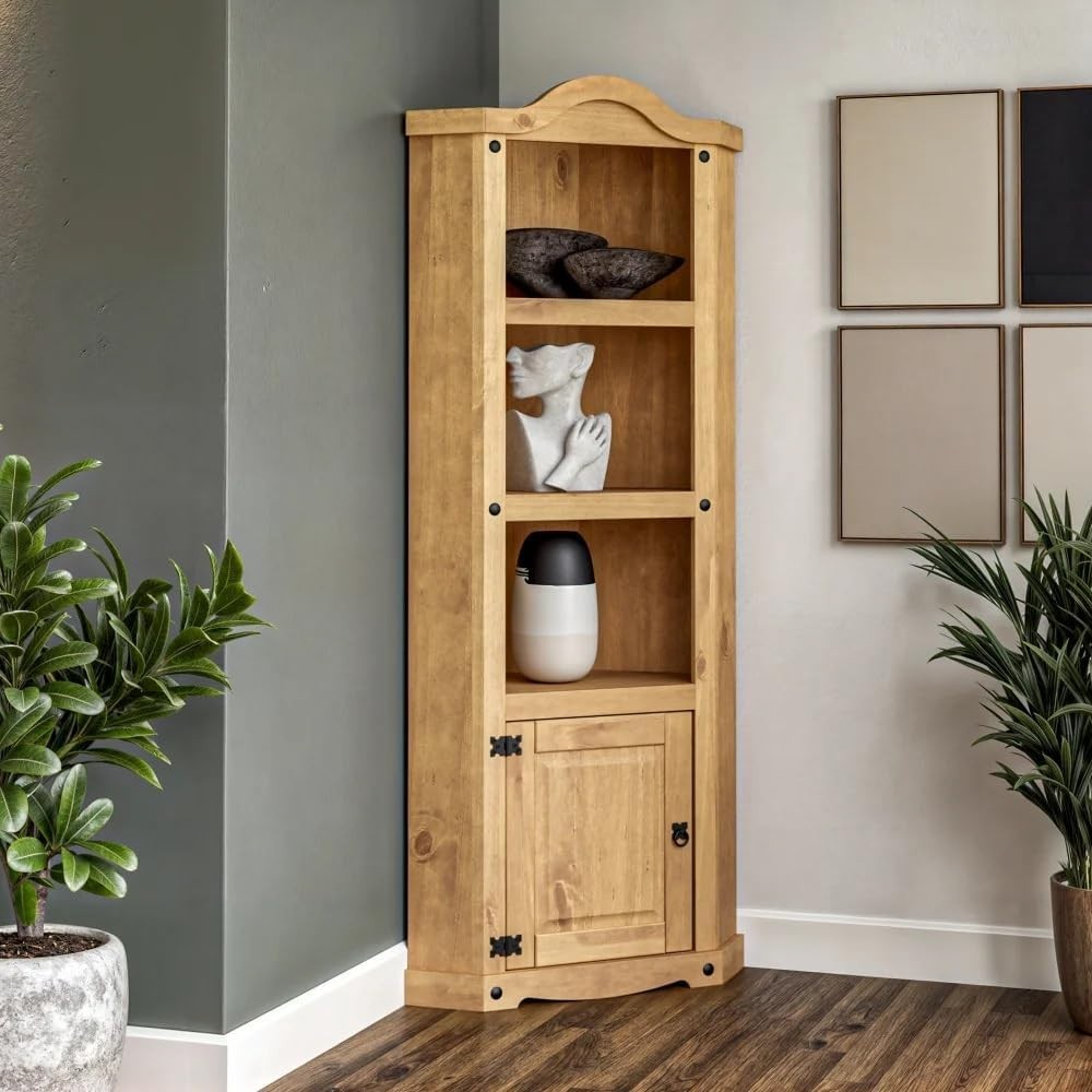 Rustic Solid Pine Corner Bookcase Cabinet with Storage 74x43x188cm