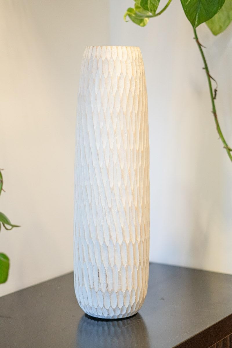 Tall White Floor Vase Resin Wood Effect Modern Boho Decor for Pampas Grass
