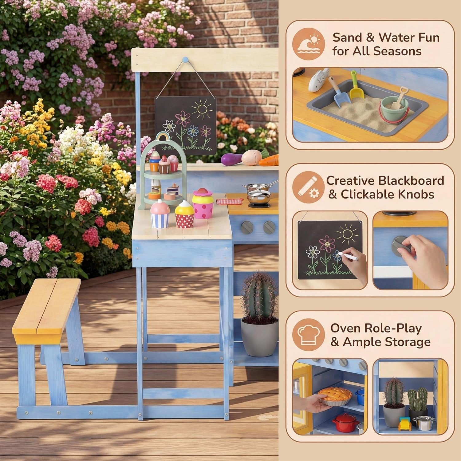 Kids Mud Kitchen Outdoor Wooden Play Kitchen Picnic Table Toy Set
