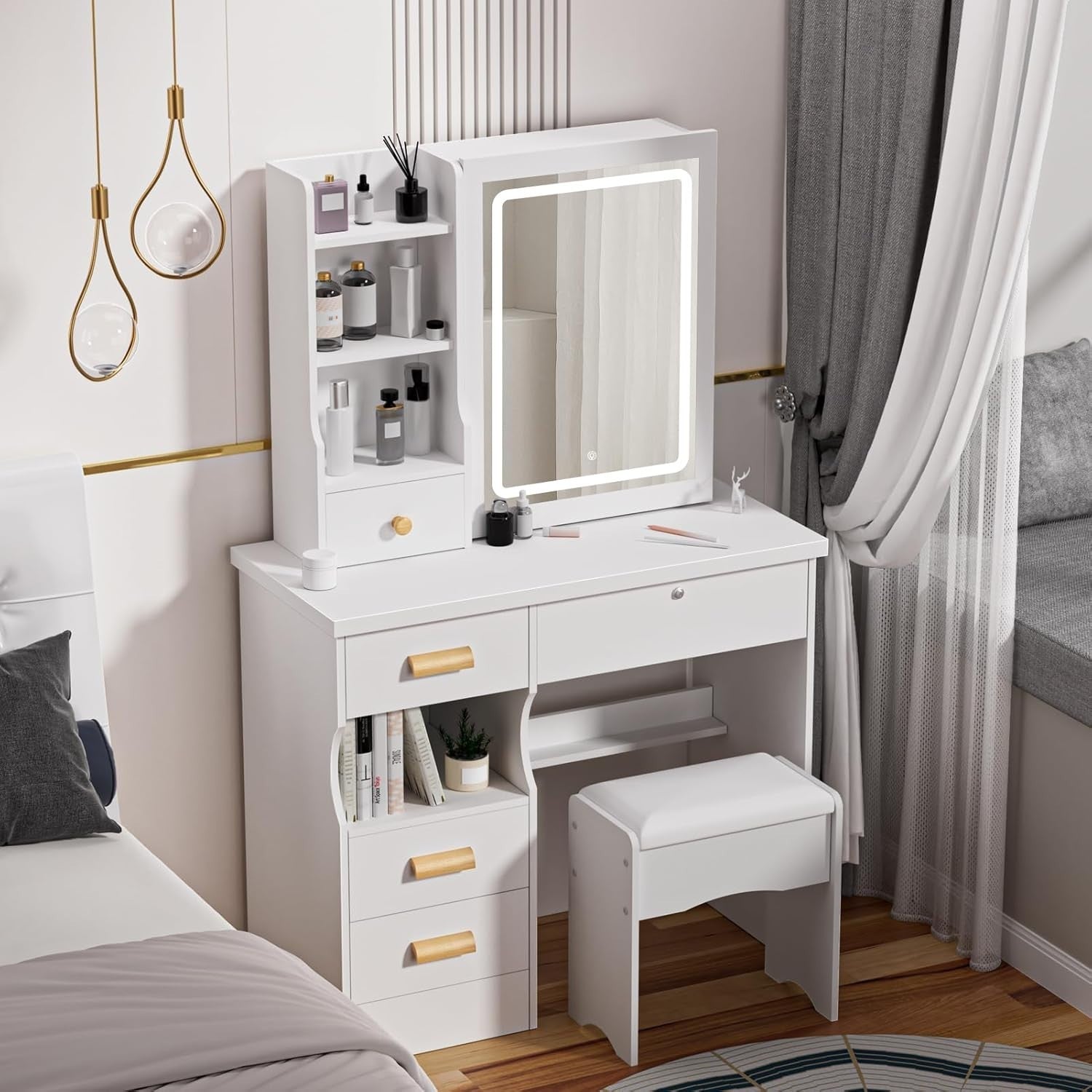 White Dressing Table Makeup Vanity Desk w/Mirror LED Lights Storage Drawers Smal