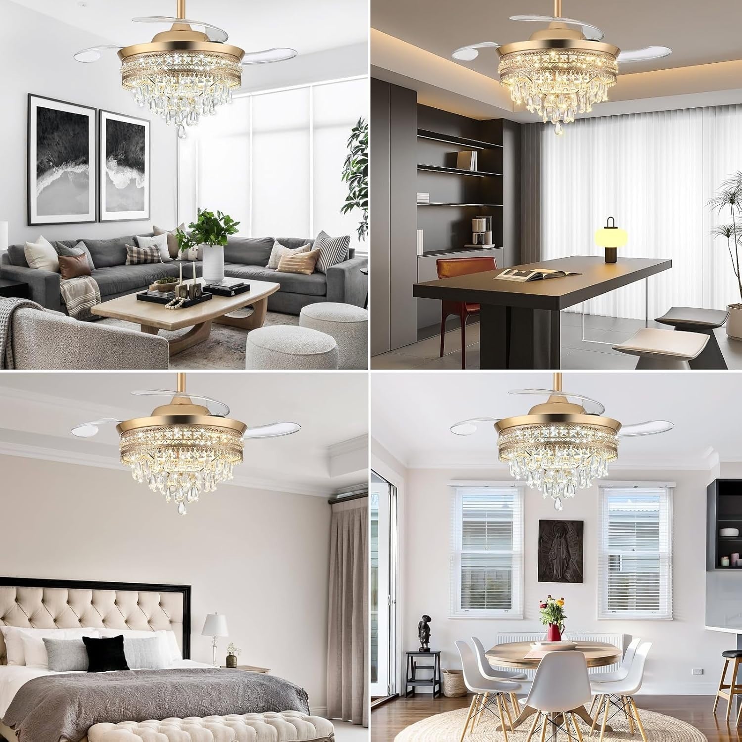 Crystal Ceiling Fan, 6 Speeds, Dimmable LED, Remote, Reversible