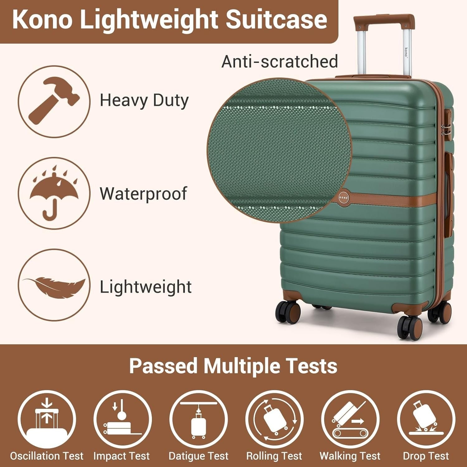 24'' Green Brown Check In Suitcase ABS PC Hard Shell Spinner Wheels Lock