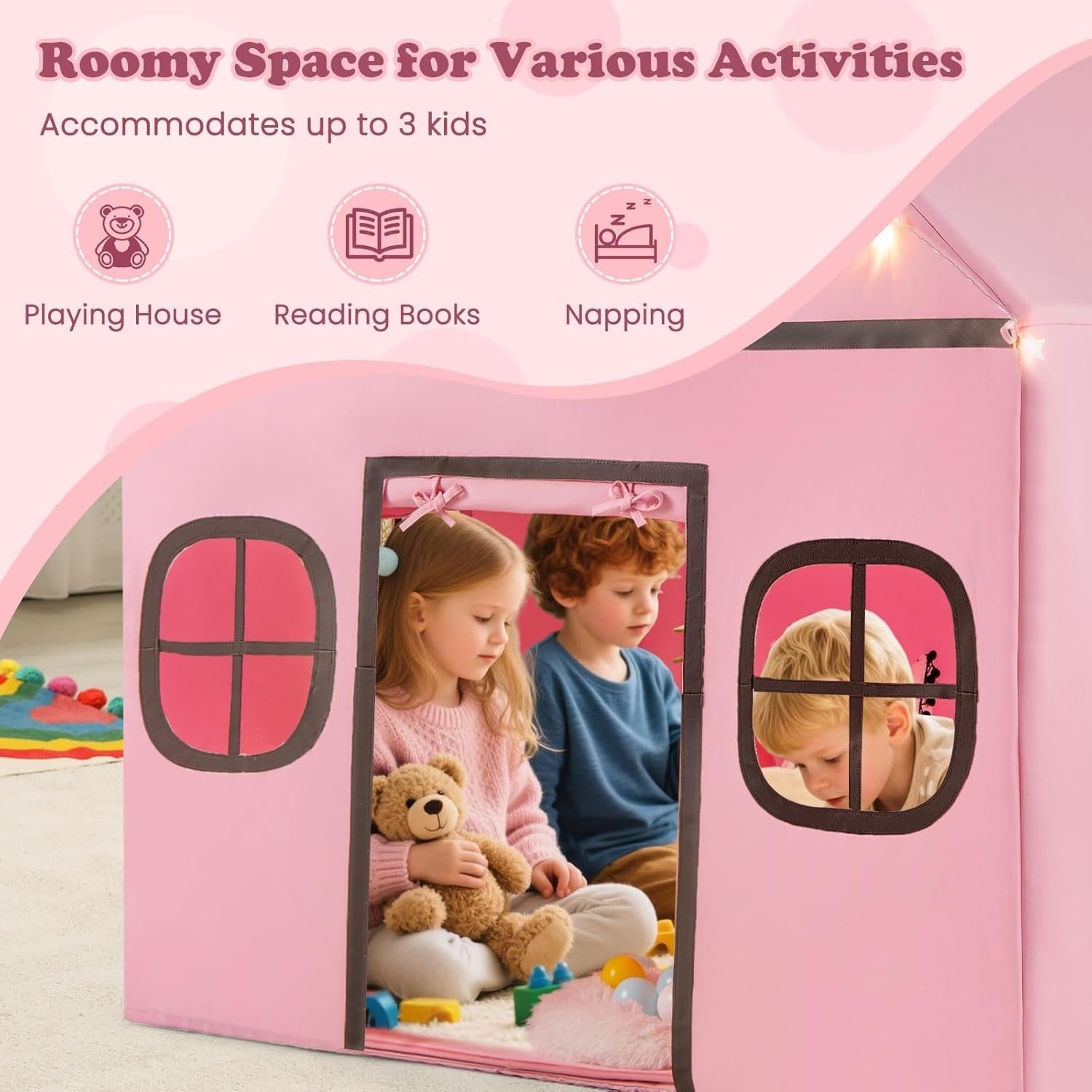 Pink Grey Kids Fairy Play Tent Indoor w Star Lights Mat Storage