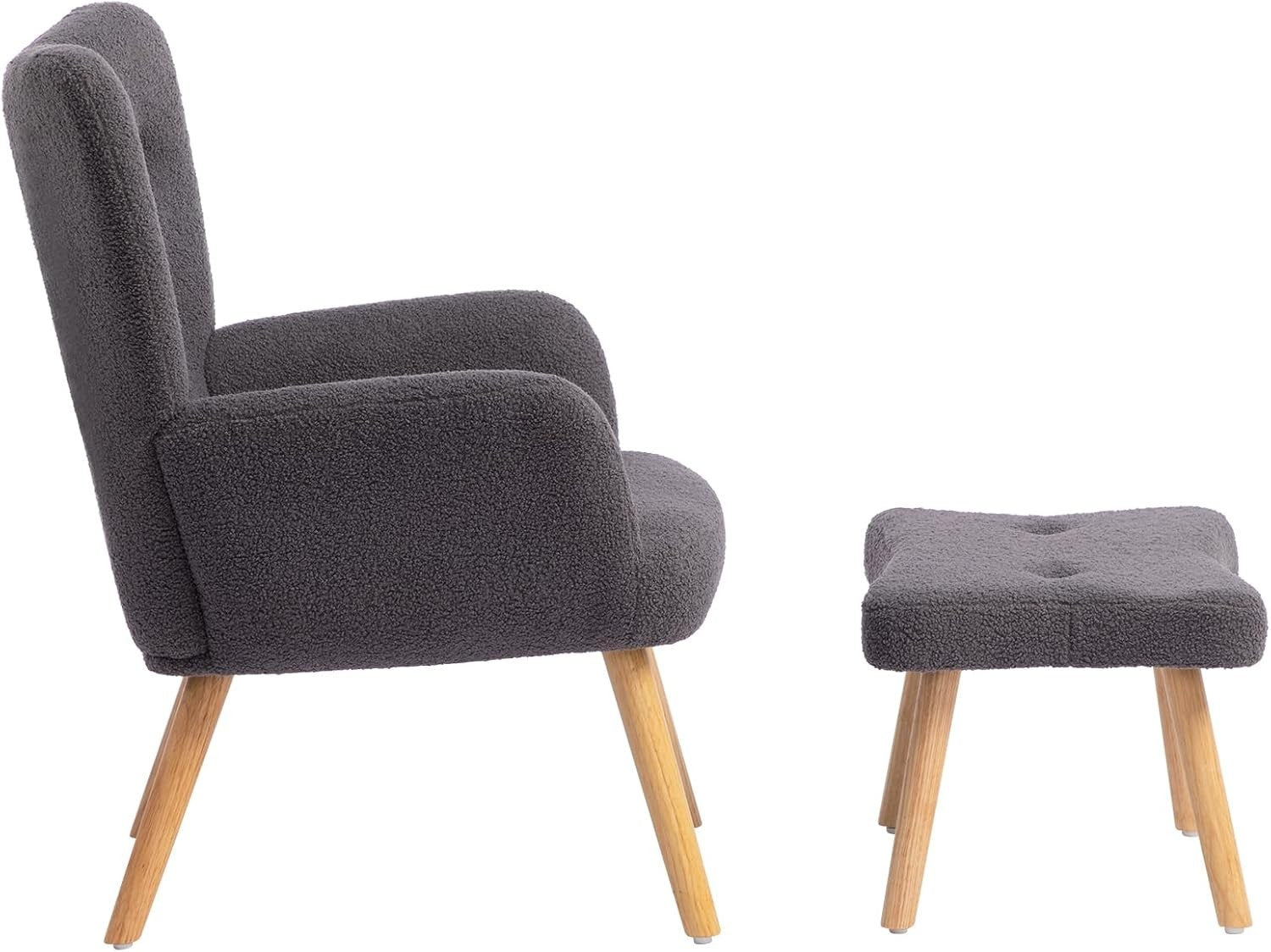 Grey Velvet Armchair with Footstool, Comfy Reading Lounge Chair Set