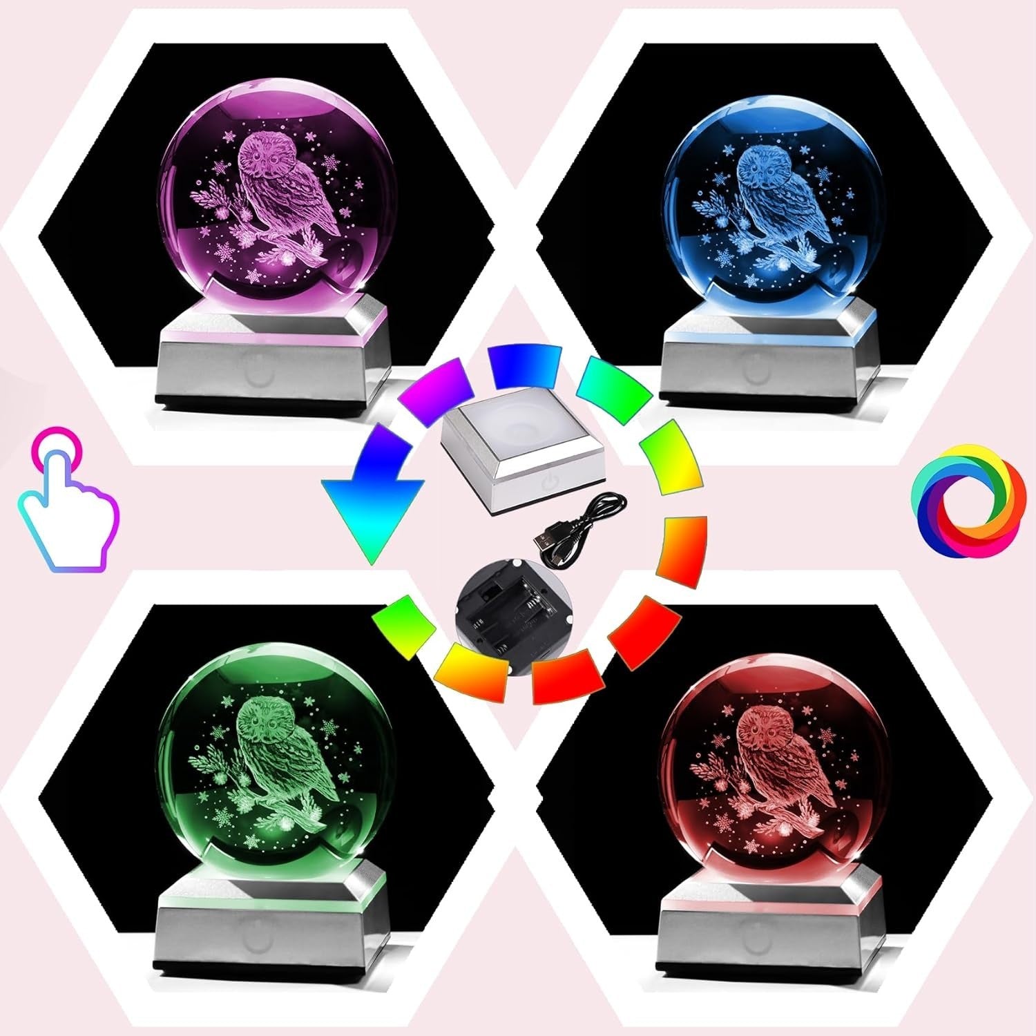 3D Crystal Owl Ball LED Light Sphere Ornament Gift Home Decor 8cm K9 Glass