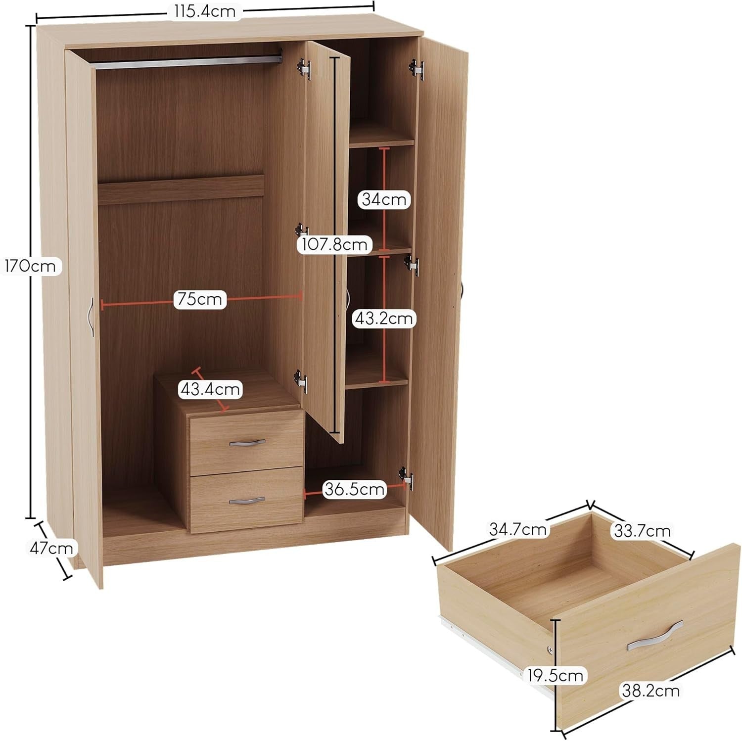 3 Door Mirrored Wardrobe with Drawers & Rail, Pine Tall Bedroom Unit