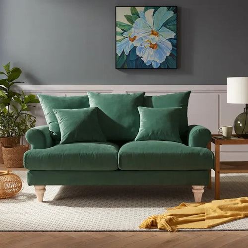 Green Velvet 2 Seater Sofa with Scatter Cushions Curved Arm Couch UK