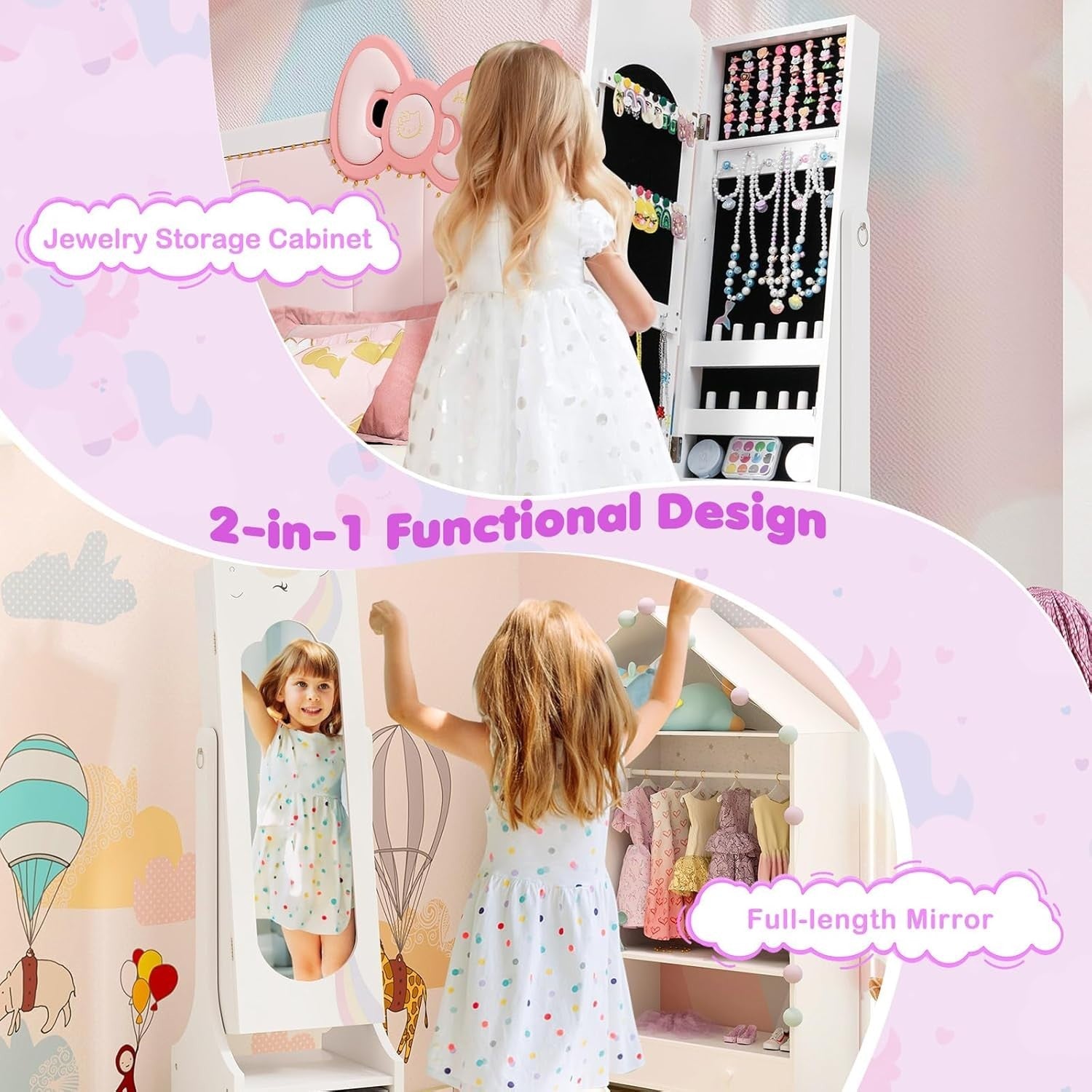 White Kids Jewelry Cabinet Mirror Freestanding Adjustable Storage Vanity
