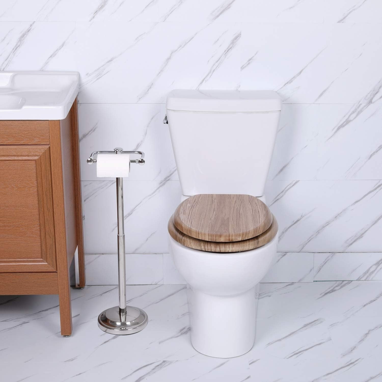 Angel Shield Wooden Toilet Seat Antibacterial Adjustable Hinges Oval Solid Oak