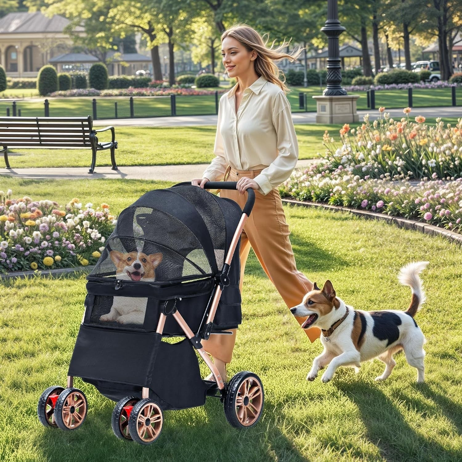Dog Stroller 22kg Folding Pet Pram Large Wheels Travel Pushchair