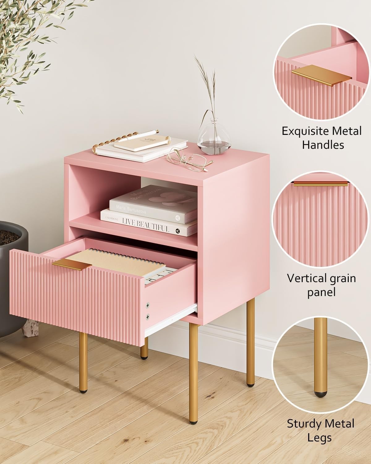Modern Pink Bedside Table with Drawer & Open Shelf