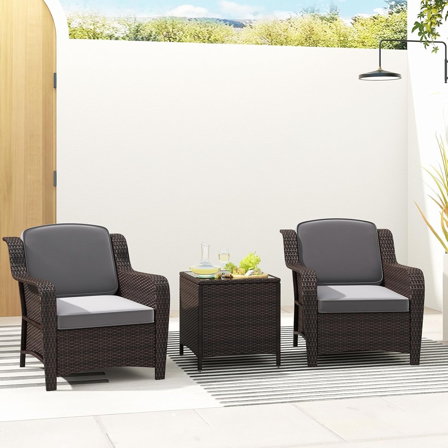 Rattan Garden Bistro Set 3PC Outdoor Patio Chairs Table Small Space
