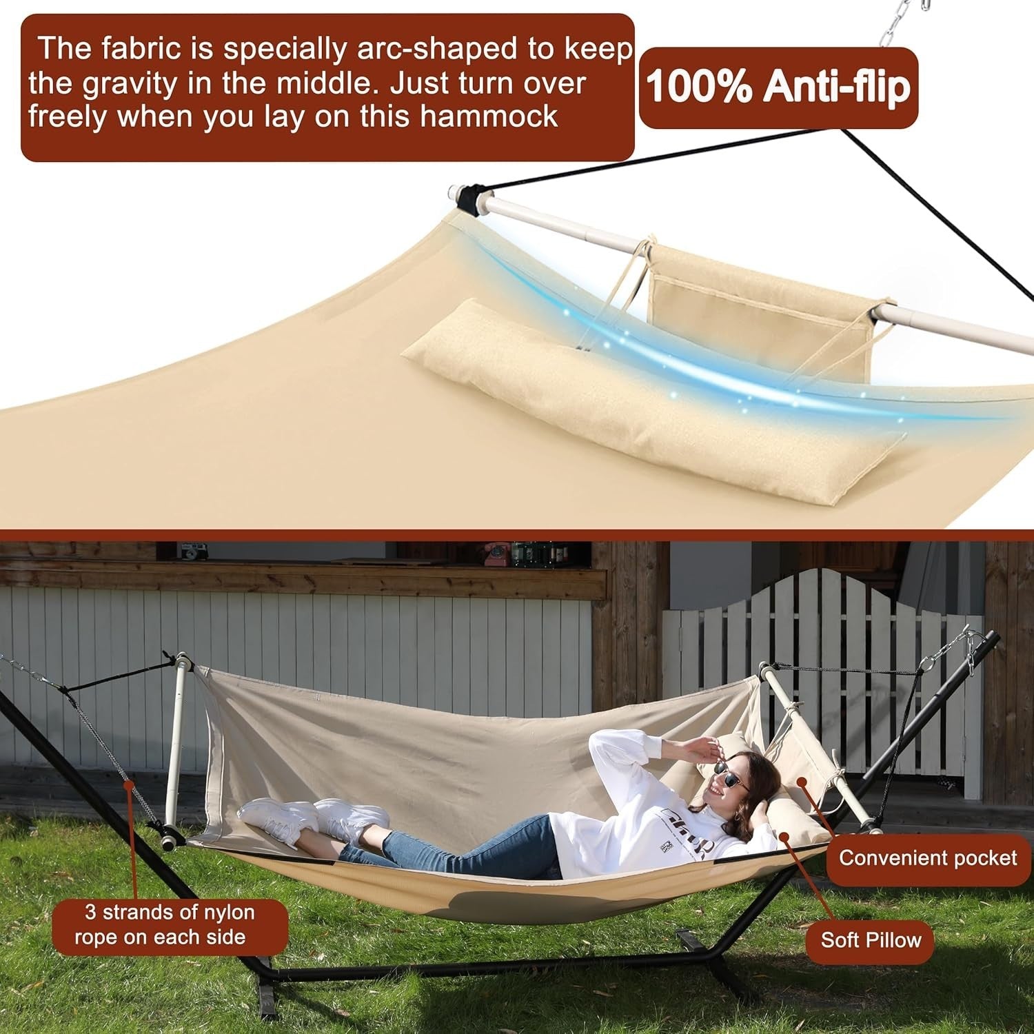 12FT Anti-Flip Double Hammock with Iron Spreader Bars & Nylon Ropes, 450LB