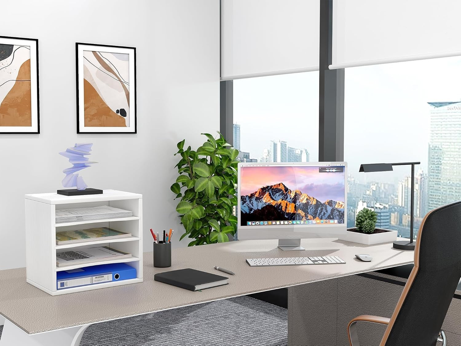 4 Tier A4 Desk File Organizer Wooden Paper Tray Office Magazine Rack White