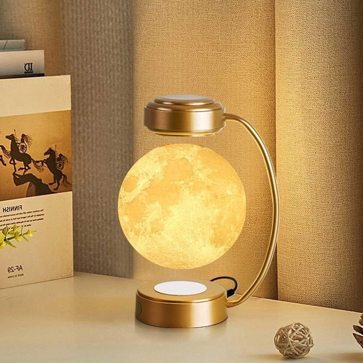 Levitating Moon Lamp Gold 3D Printed Floating LED Night Light Iron Stand