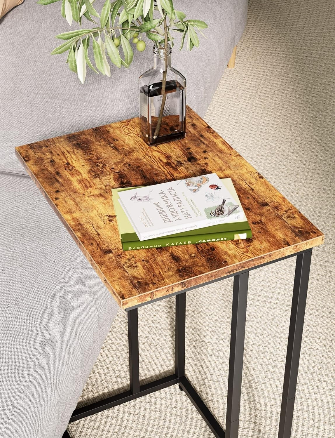 Slim Rustic Brown C Shaped End Table Sofa Couch Bed TV Tray Laptop Stand..