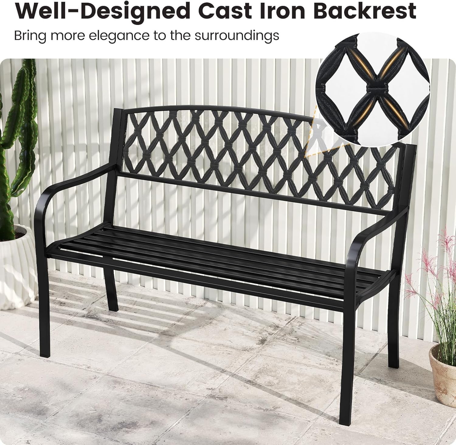 Metal Garden Bench 2-3 Seater Diamond Back Patio Seat