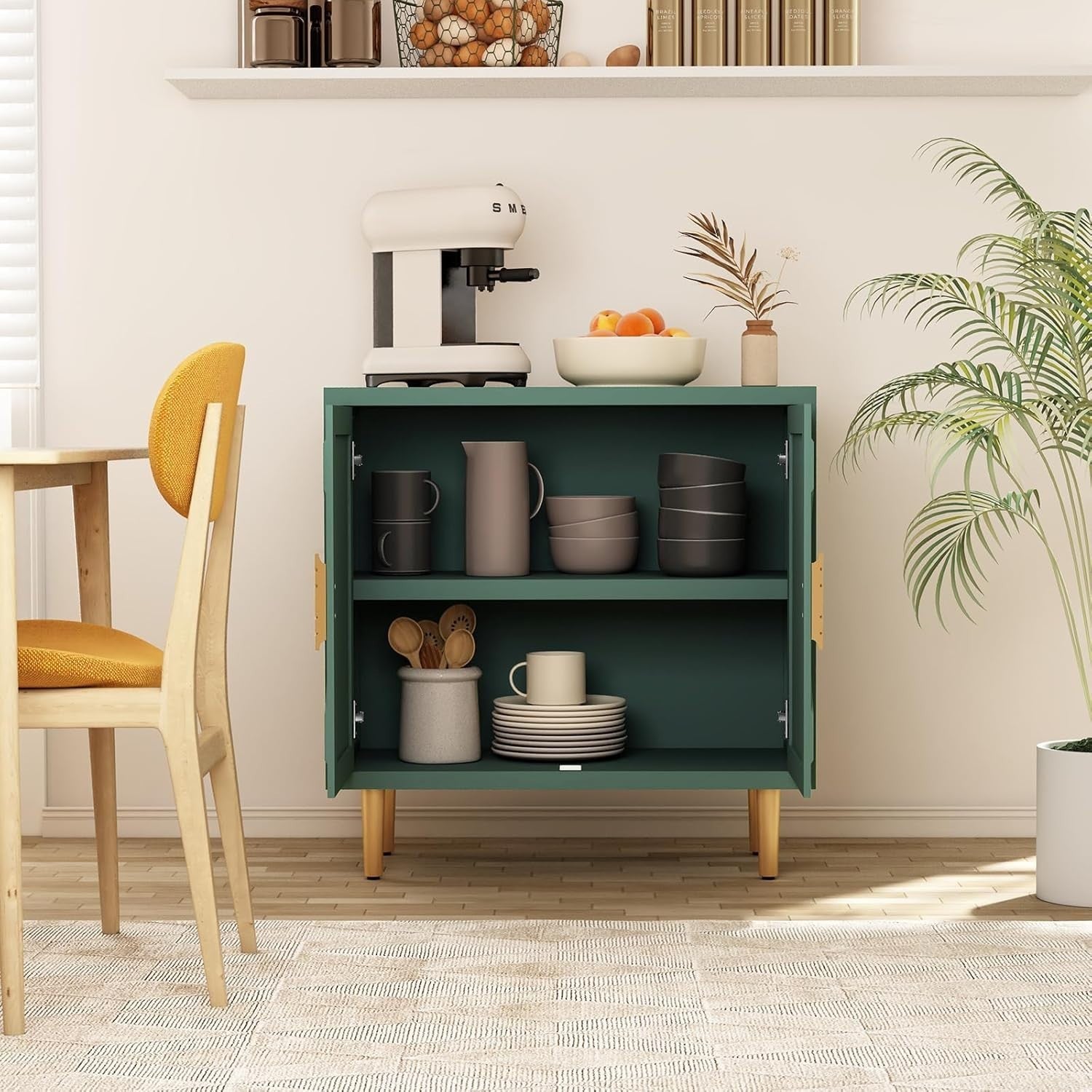 Modern 2-Door 3D Embossed Sideboard Storage Cabinet Green with Gold Legs