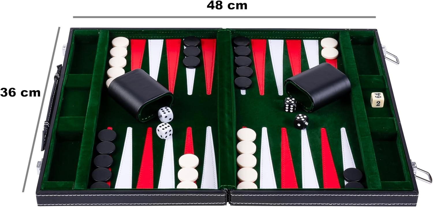 15” Backgammon Set Luxury Faux Leather Attache Case Green Travel Board