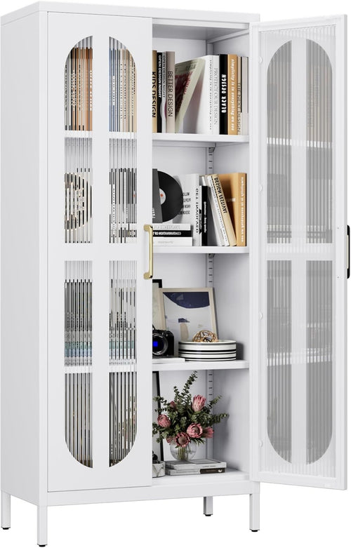 White Metal Storage Cabinet 2 Glass Doors Adjustable Shelves 155H