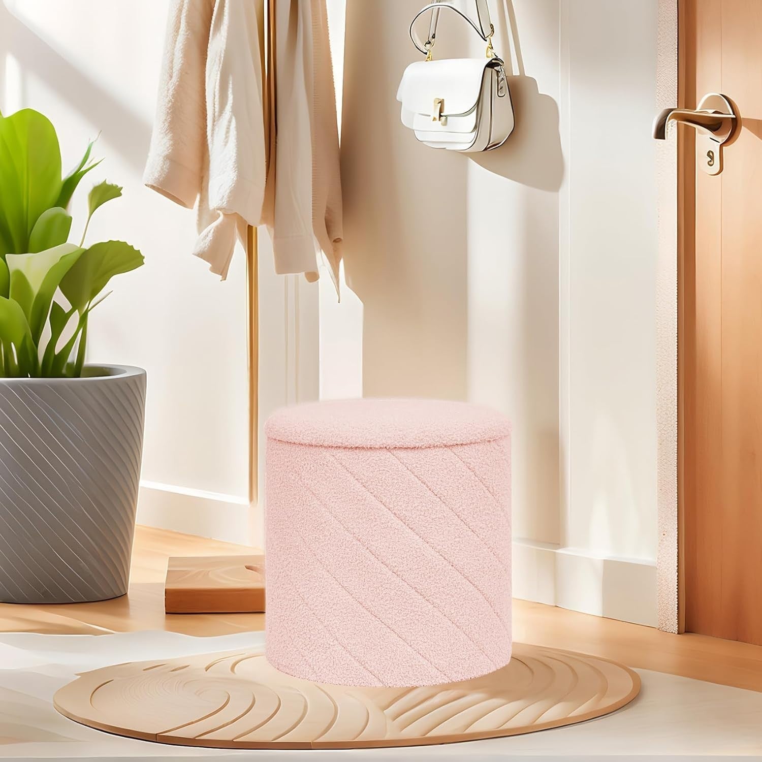 Pink Boucle Storage Ottoman Round Folding Footstool Tray-Top Vanity Seat