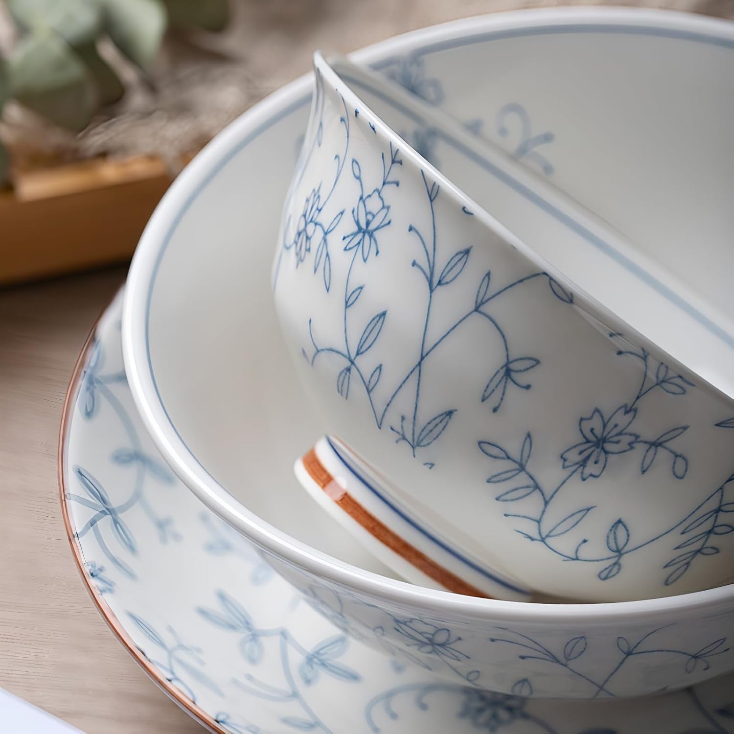 8pc Ceramic Dinnerware Set Plates Bowls Cups Blue Floral Dishwasher Safe