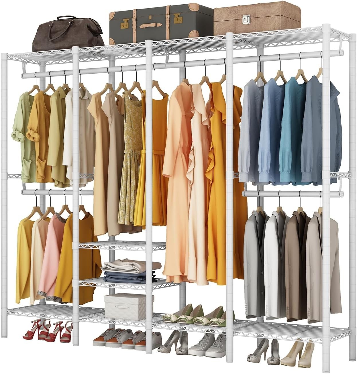 Heavy Duty Clothes Rail 4 Rod Adjustable Shelves Wardrobe White