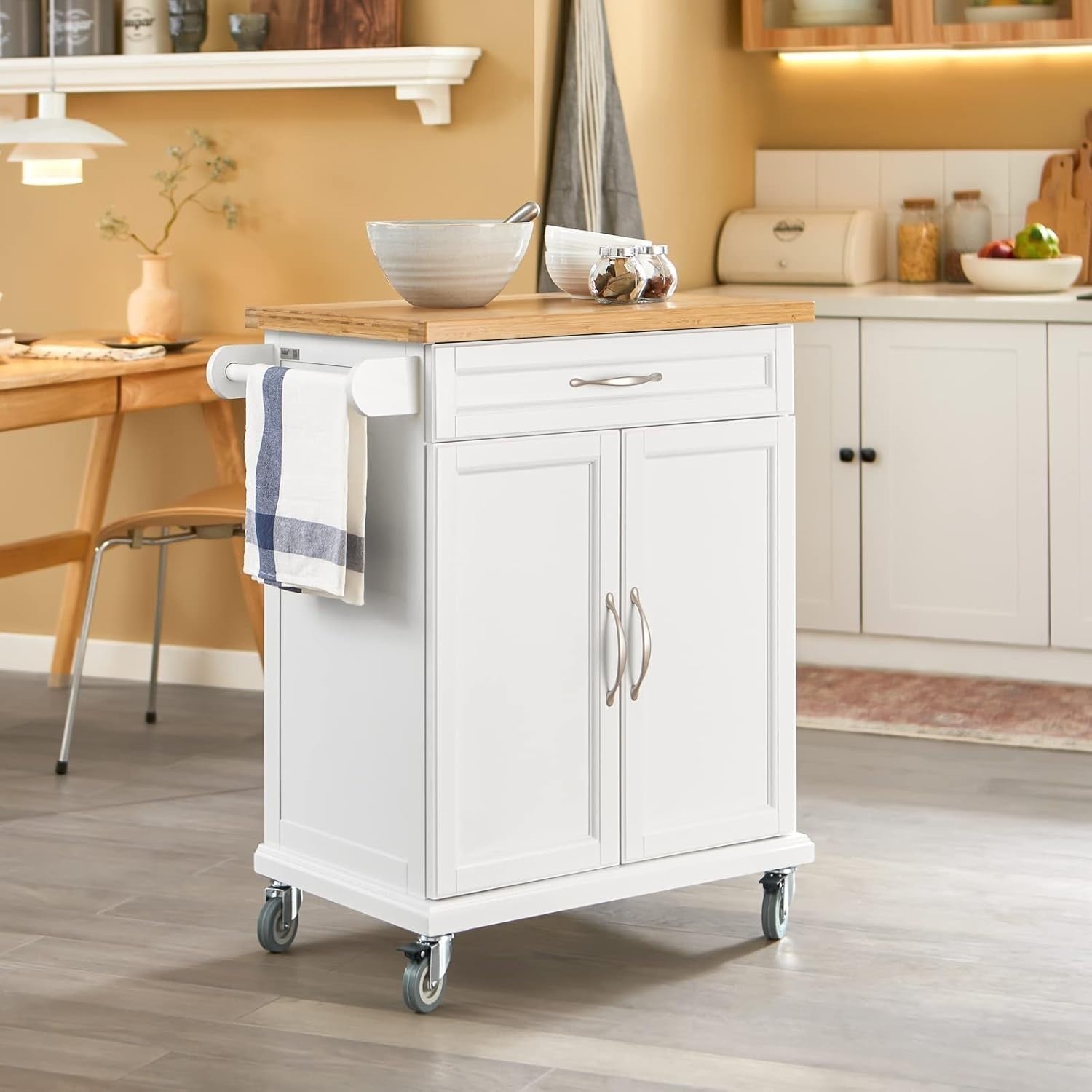 White Kitchen Trolley Bamboo Worktop Storage Cabinet Cart