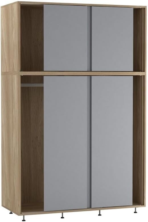 6-Door Grey Oak Sliding Wardrobe with Adjustable Feet & Hanging Rail