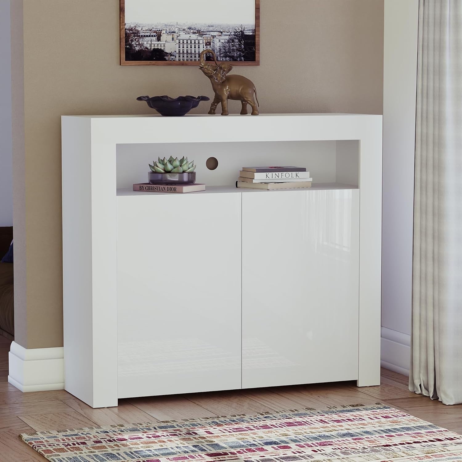 Modern White LED Sideboard 2 Doors Magnetic Storage Cabinet RGB Lighting