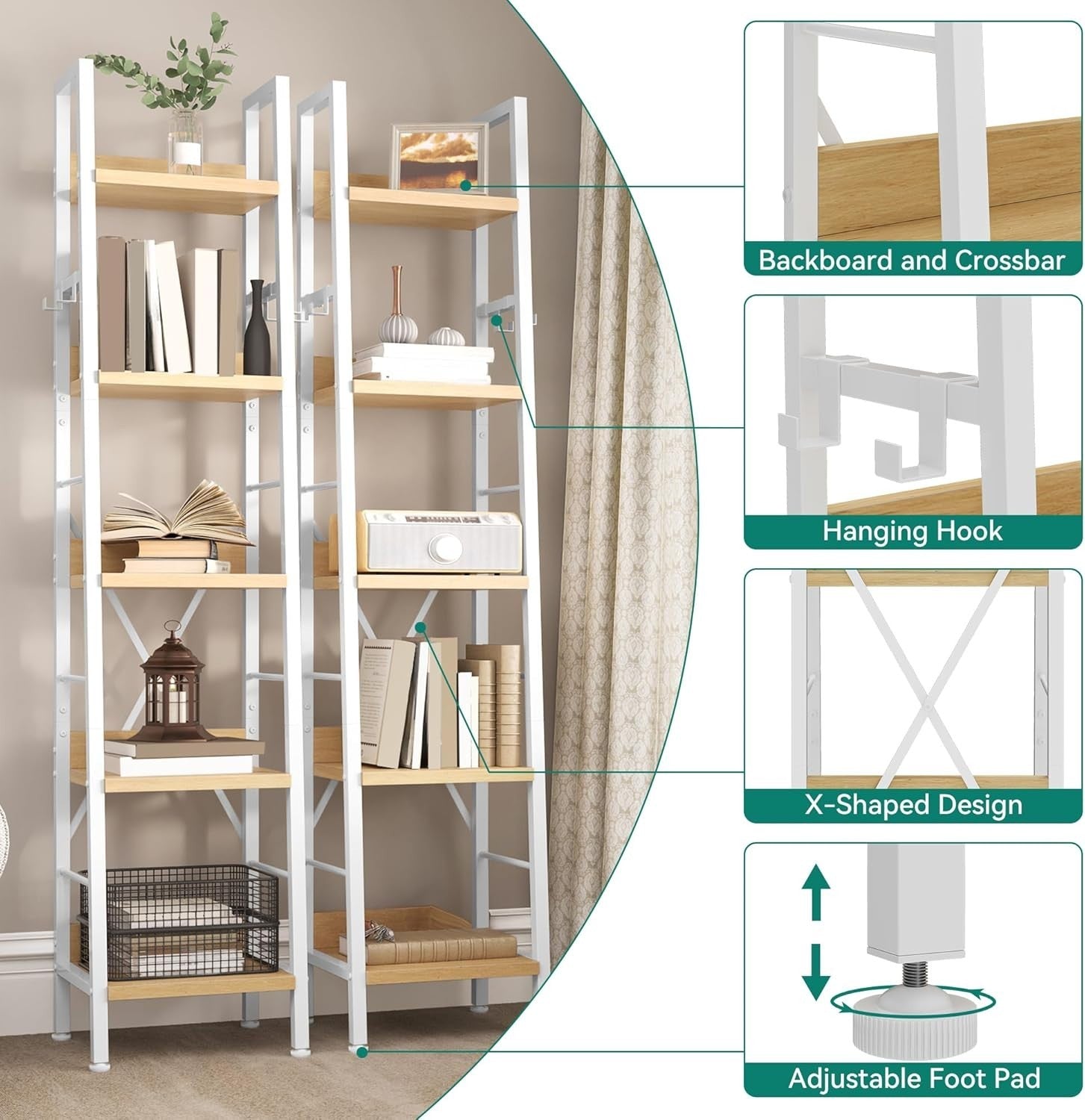 Slim 5 Tier Ladder Bookcase Narrow Storage Shelf Metal Wood Unit