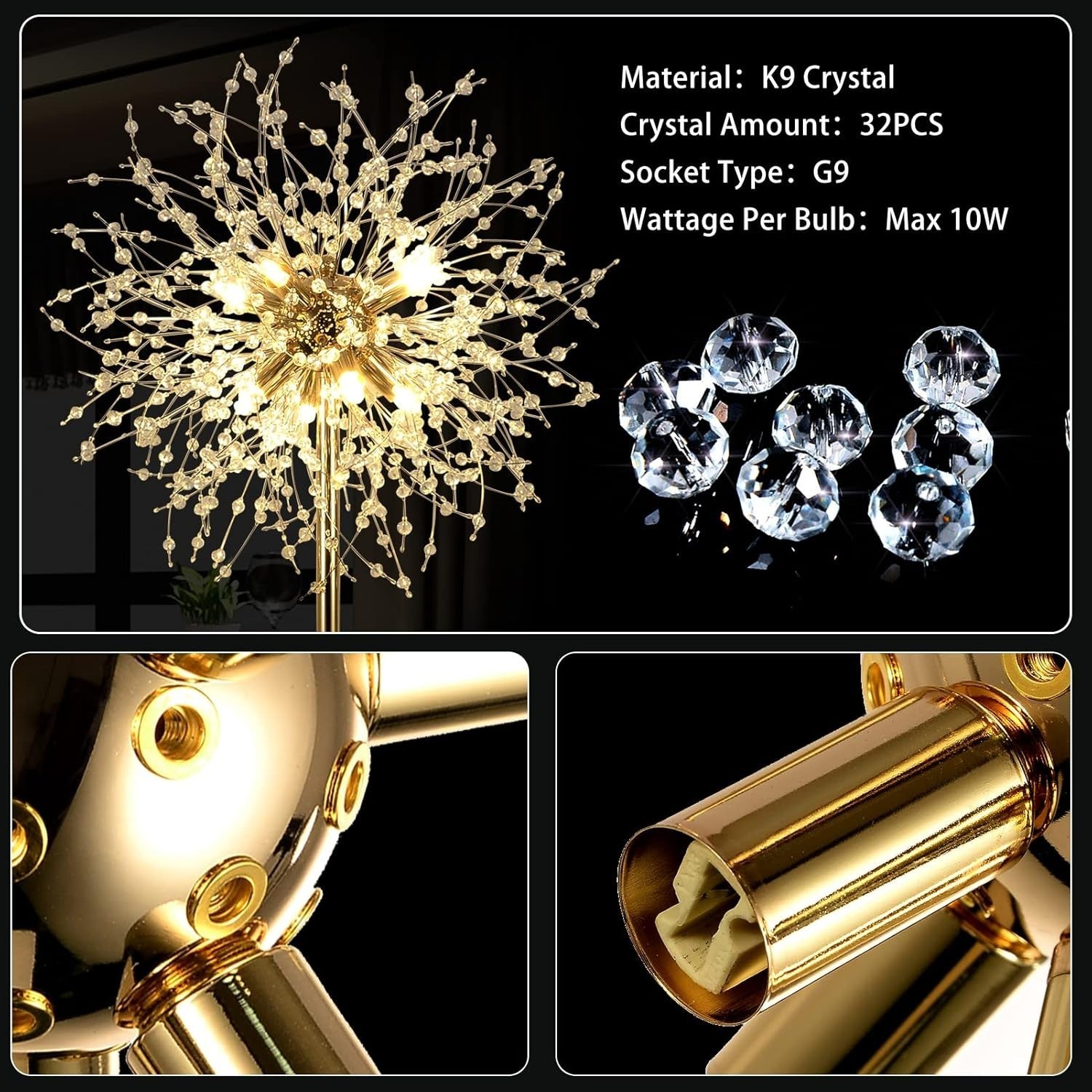 Elegant Crystal Fireworks Floor Lamp, 8-Light with Foot Switch, 175cm