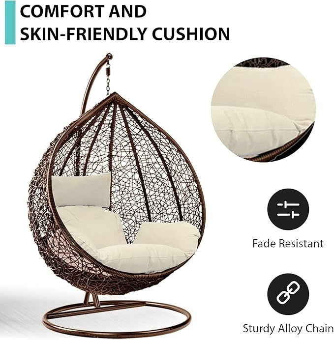Outdoor Egg Chair Hanging Rattan Swing with Cushion & Steel Frame Garden Patio