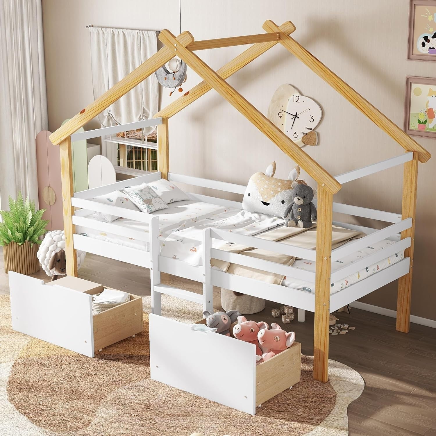 Kids Cabin Bed 3FT with Ladder & 2 Storage Drawers White Natural 90x190cm