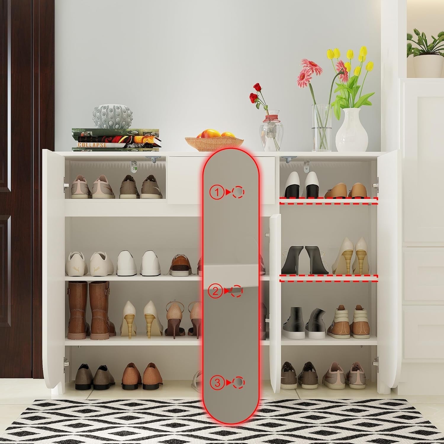 White Shoe Cabinet with 3 Curved Doors & Drawer – 4 Tier Adjustable Storage 120c