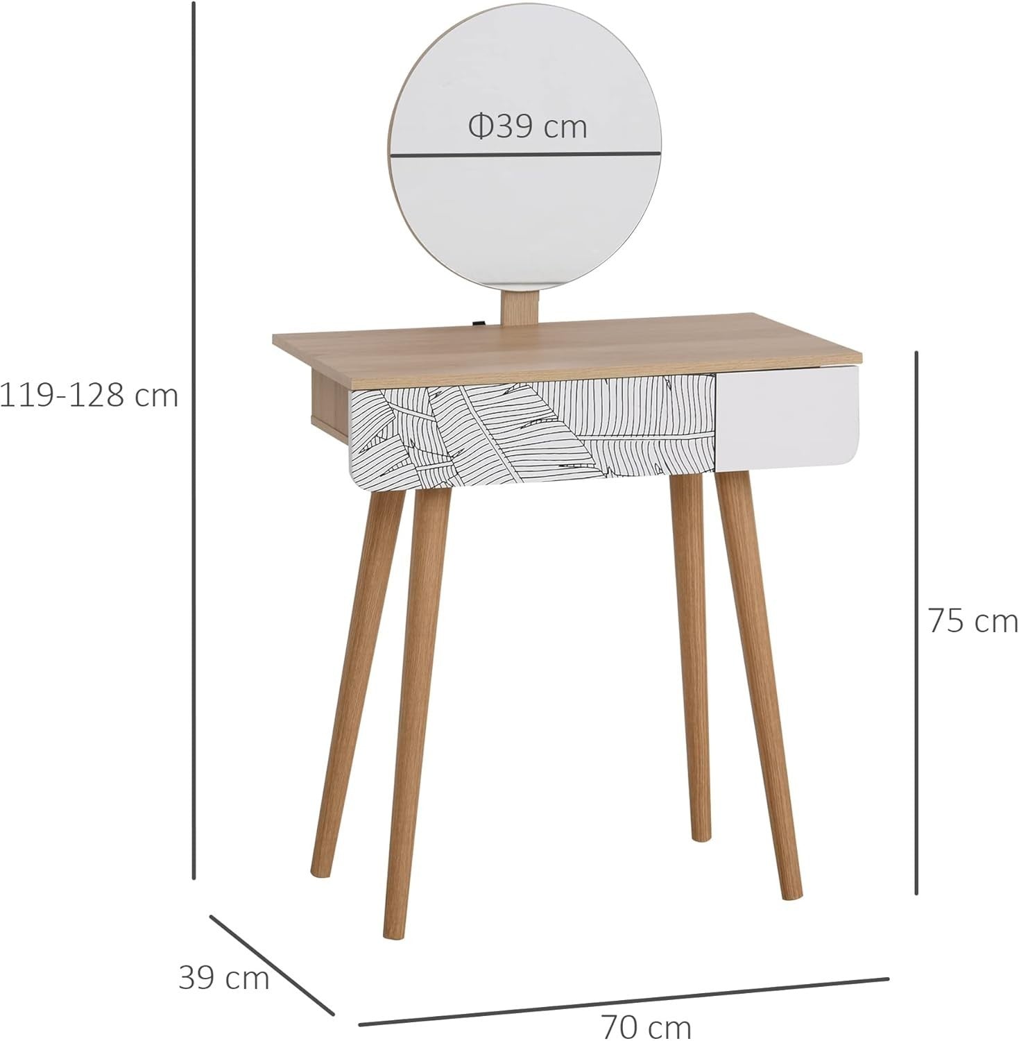 White Oak Small Vanity Dressing Table with Adjustable Mirror & Drawer Storage