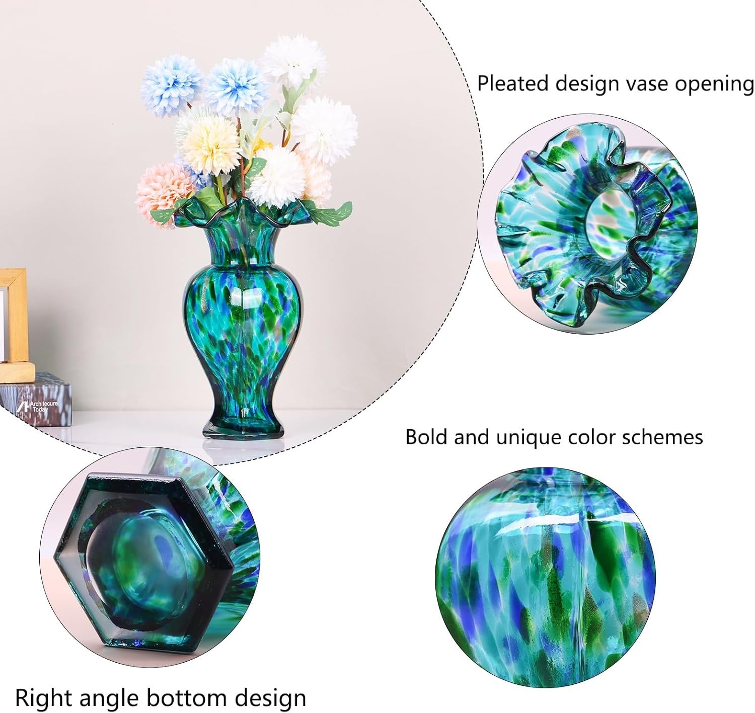 Hand Blown Teal Blue Glass Vase 24cm Tall Art Centerpiece Table Decor