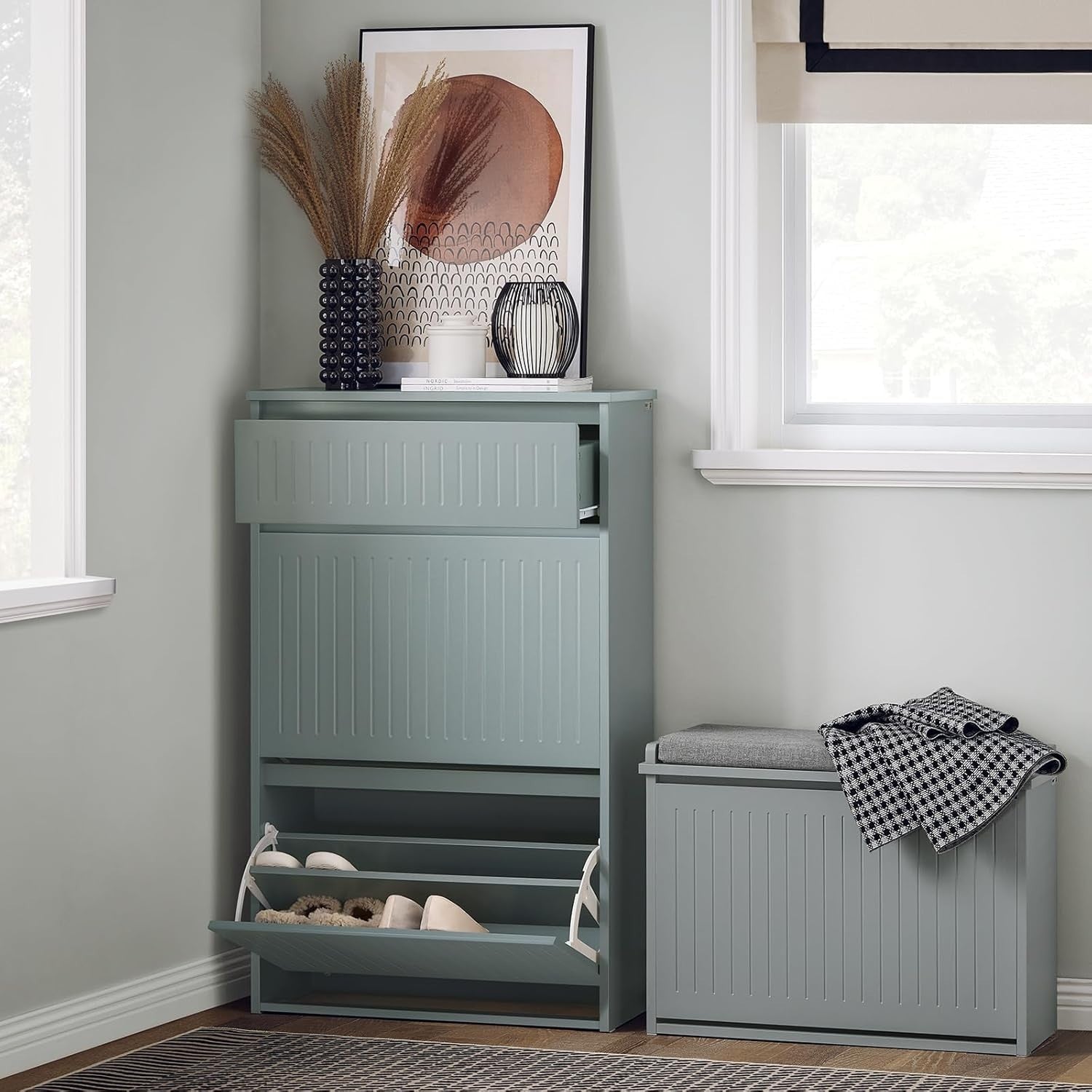 Slim Grey Shoe Storage Cabinet 2 Flip + 1 Pull-Out Drawer, Space Saver
