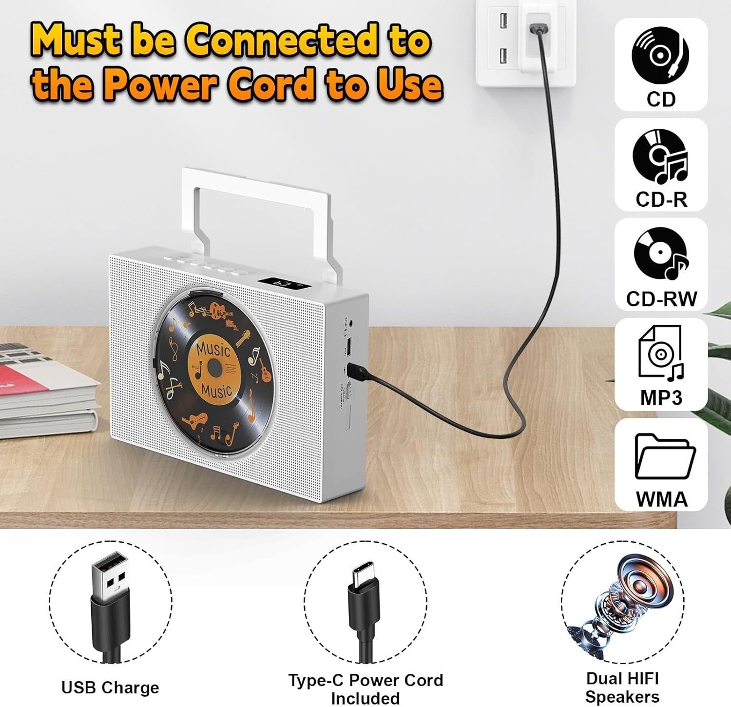 Bluetooth CD Player FM Radio USB AUX Speakers Remote Display White