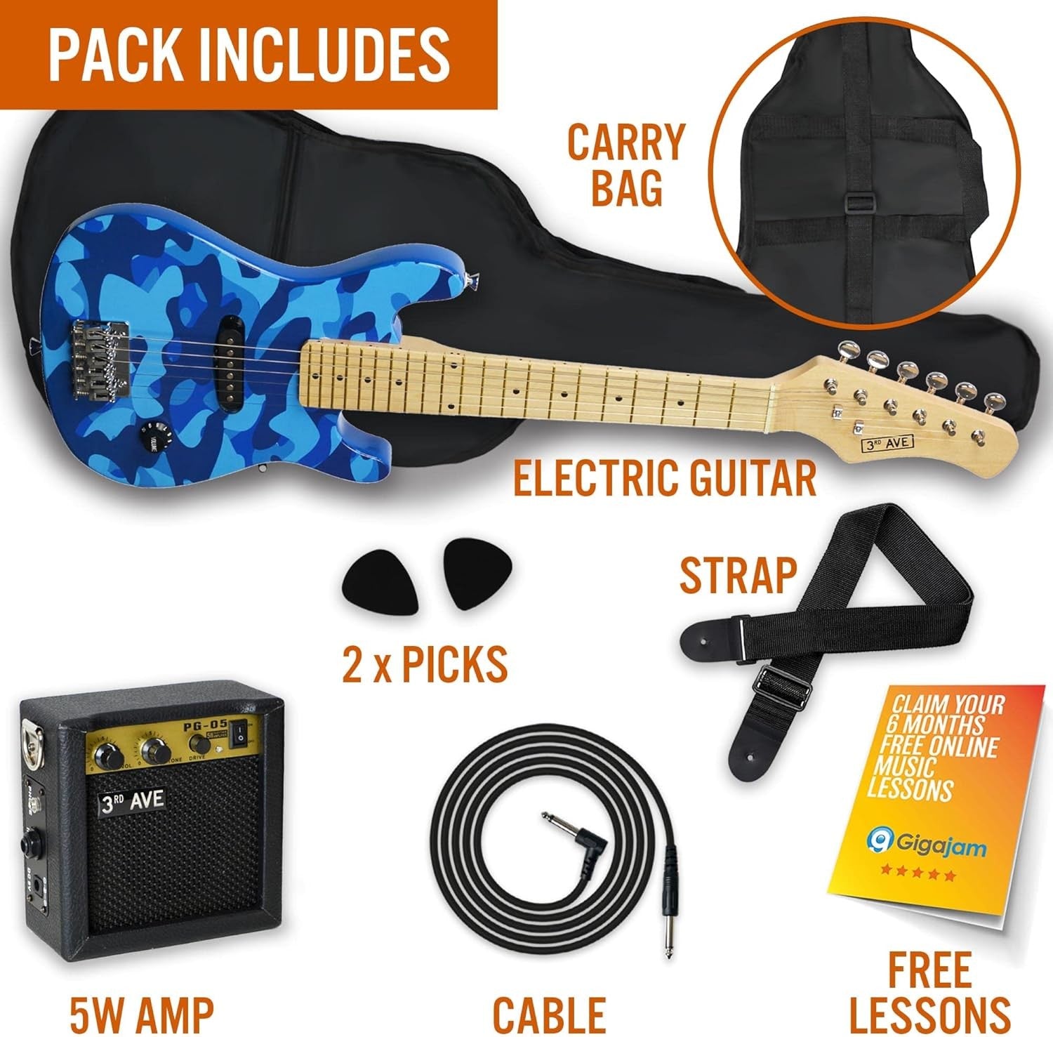 1/4 Size Kids Electric Guitar Starter Kit w/ Amp Blue Camo