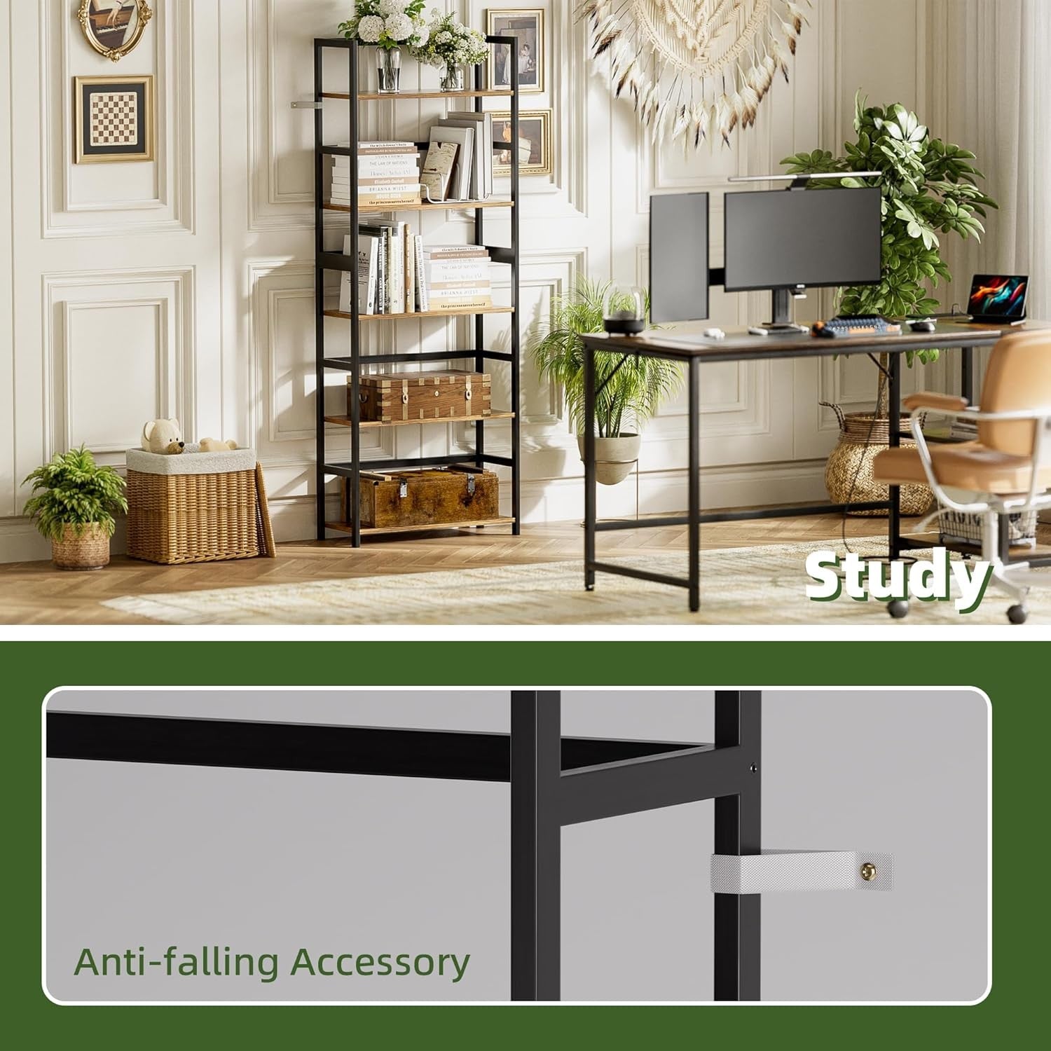 5-Tier Rustic Industrial Bookshelf, Tall Bamboo Frame Display Storage Unit