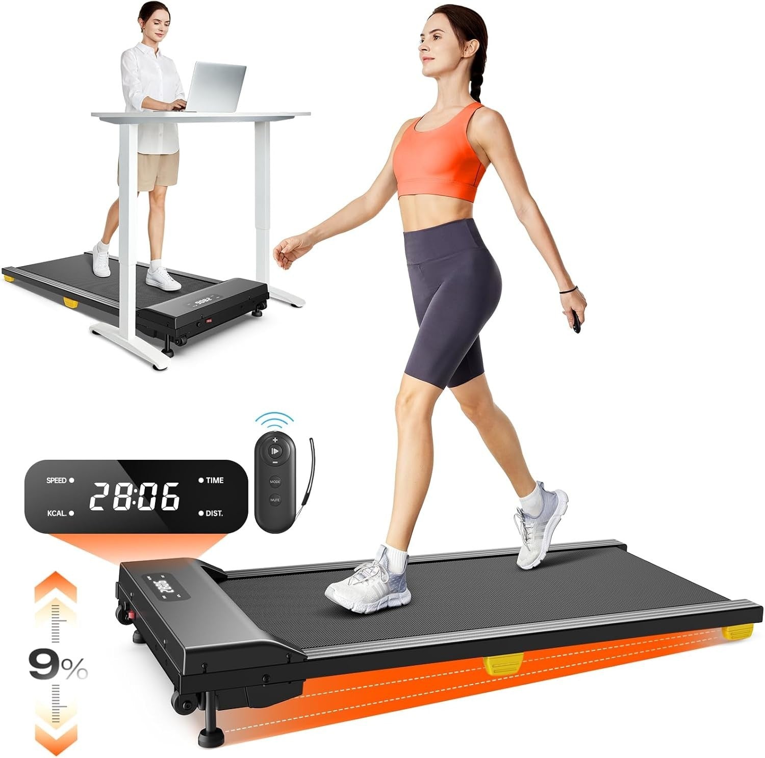 Compact Walking Pad Treadmill 9% Incline Quiet Shock-Absorb 2.5HP Under Desk