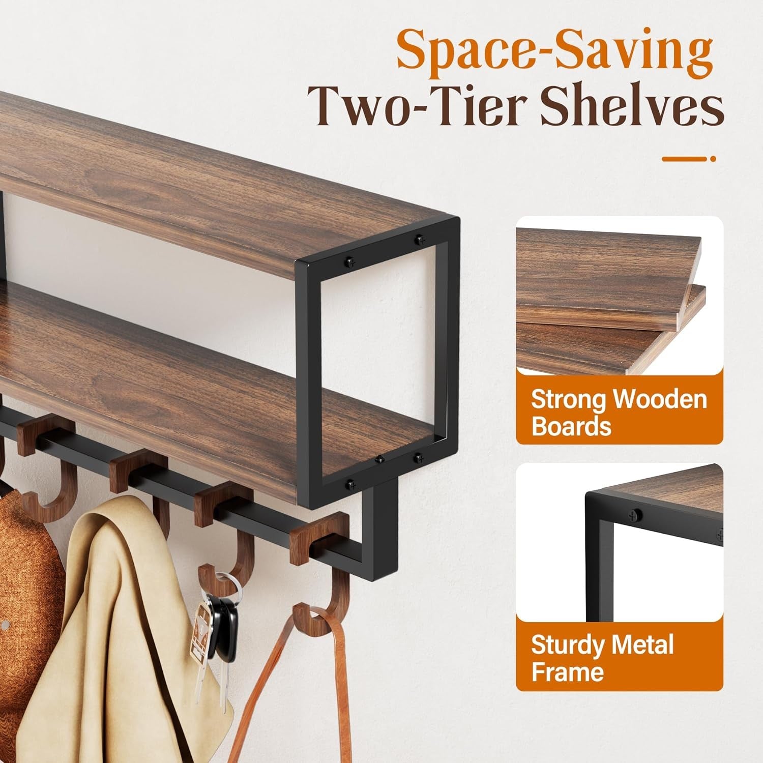 Rustic Wall Shelf with Hooks 2 Tier Coat Rack Industrial Wood Metal Storage