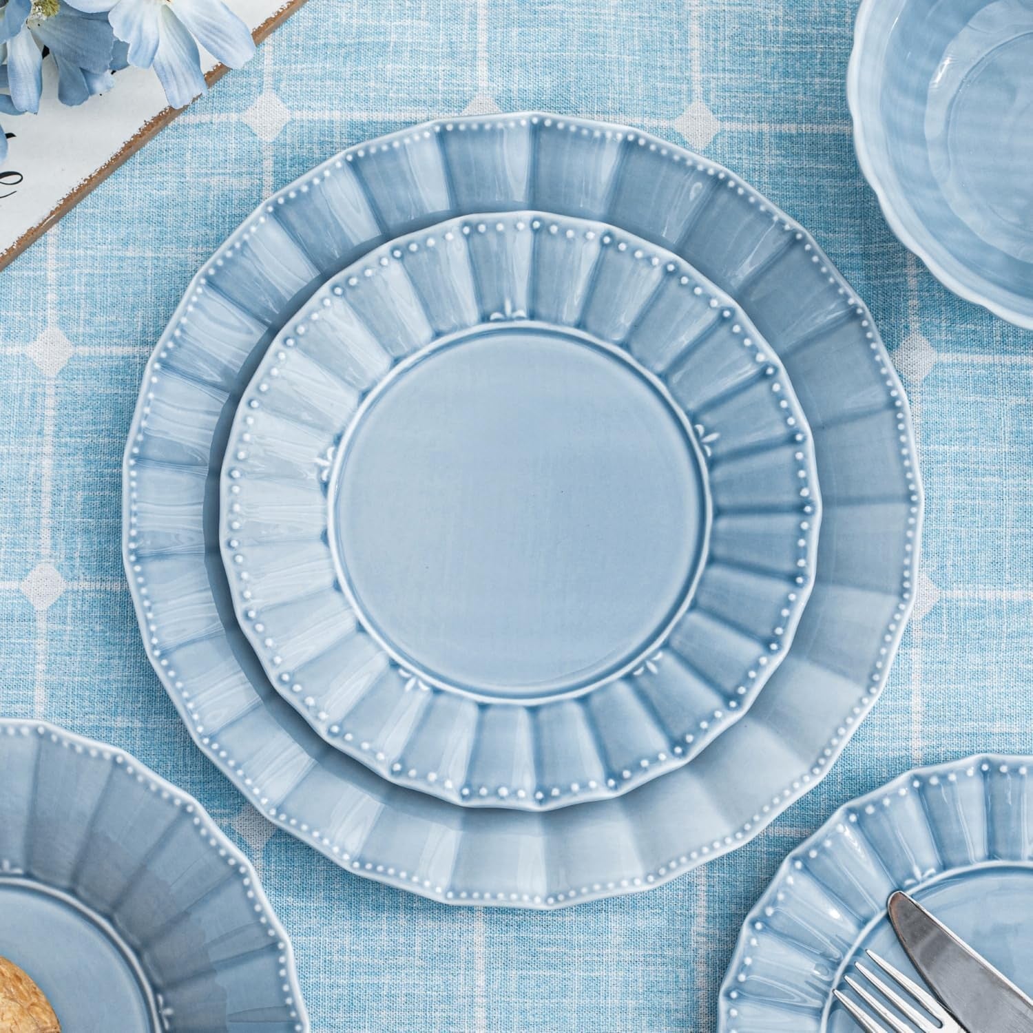 12 Piece Porcelain Dinner Set Blue Plates Bowls Microwave Dishwasher Safe