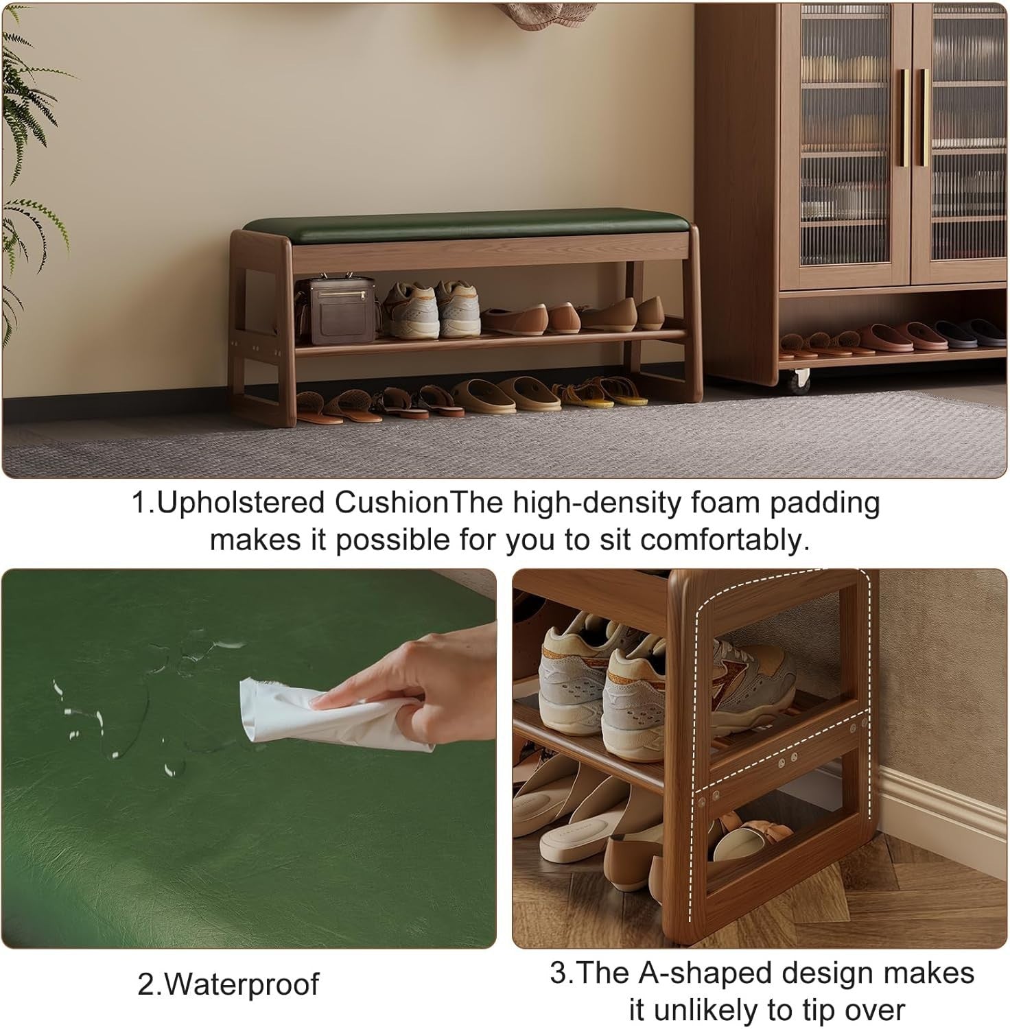 Small Flip-Top Shoe Bench with Green Cushion | 2-Tier Walnut Shoe Rack Entryway